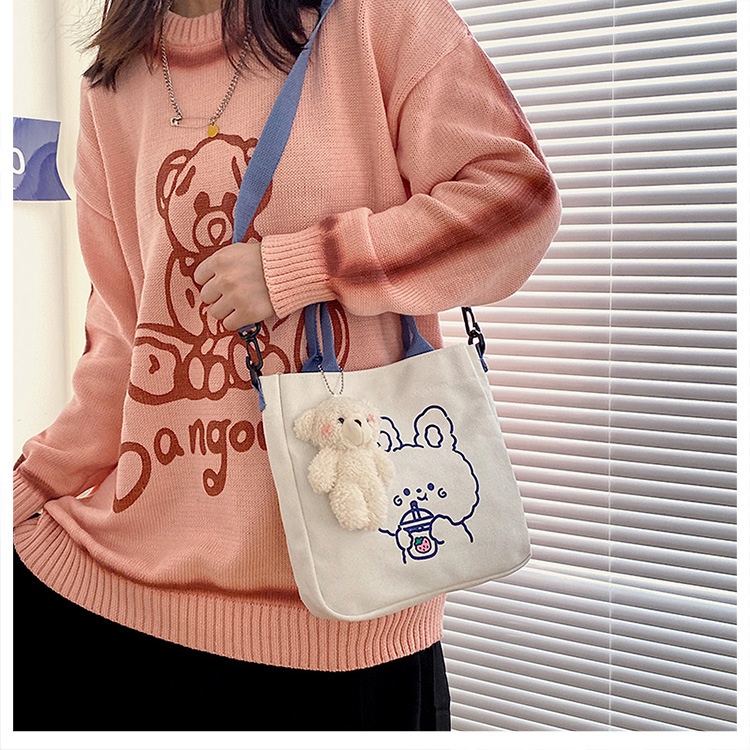 Túi xách có dây đeo vai bằng vải canvas thiết kế xinh xắn