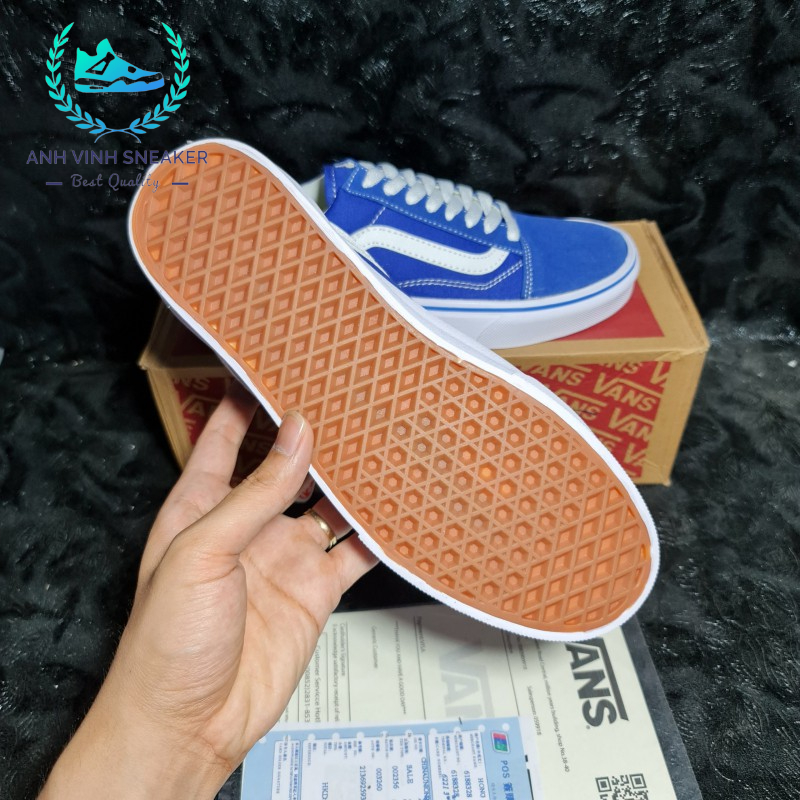 Giày Vans Old Skool Xanh Sọc Trắng Blue White Nam Nữ Cổ Thấp