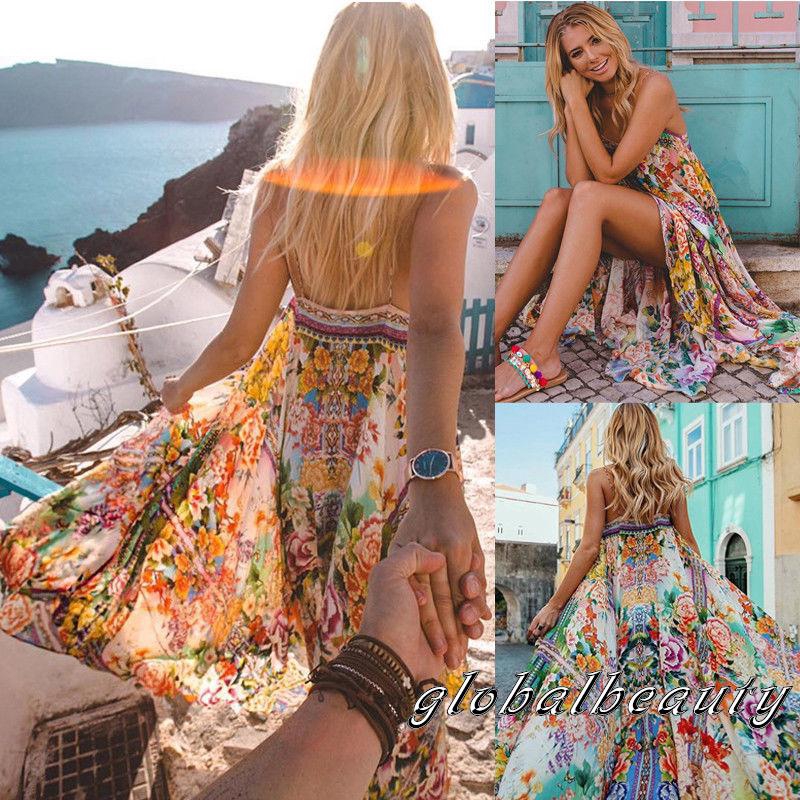 Đầm maxi hở lưng họa tiết hoa phong cách boho thời trang cho nữ