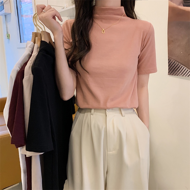 Áo Thun Tay Ngắn Cổ Lọ Màu Sắc Đơn Giản Trẻ Trung Dành Cho Nữ