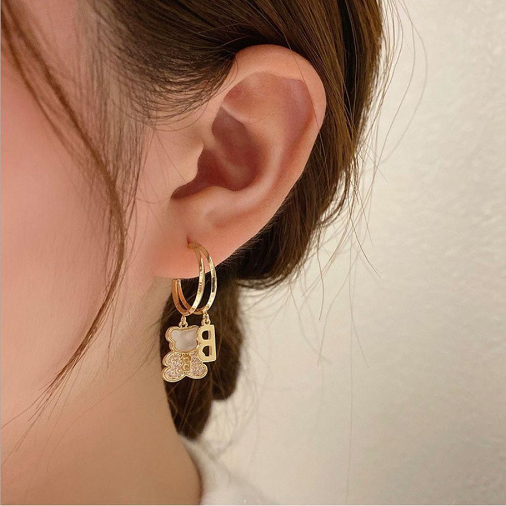 Bông Tai Hình Gấu Đính Kim Cương Giả Tinh Tế Cho Nữ|Khuyên Tai Ngọc Trai Nơ