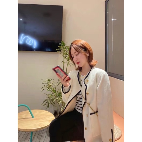 Áo khoác dạ tweed viền đen