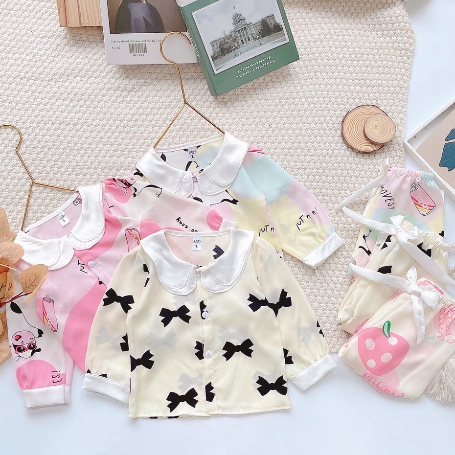 [ 6-17kg ] Bộ Đồ Ngủ Pijama Bé Gái - Set Quần Áo Trẻ Em Mặc Nhà Lụa Cao Cấp Nhiều Màu Dài Tay Họa Tiết Dễ Thương