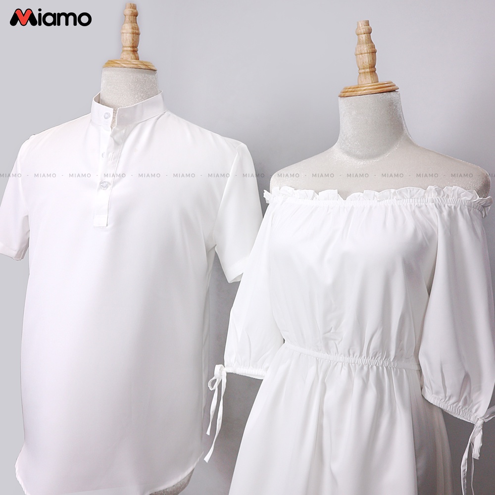 [Freeship] Set đồ đôi couple sơ mi nam - đầm nữ trễ vai thích hợp du lịch, chụp hình cưới thời trang Miamo TN19 (Ảnh thậ