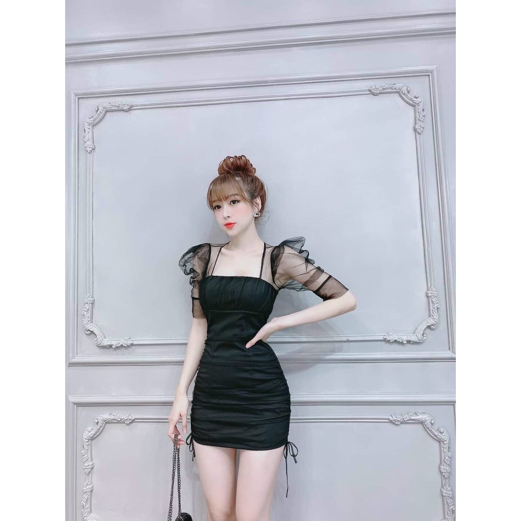 Đầm body rút dây hai bên hông tay phối lưới