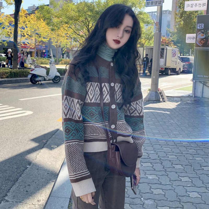 Áo khoác cardigan dệt kim tay dài màu sắc retro phong cách Hàn Quốc cho nữ