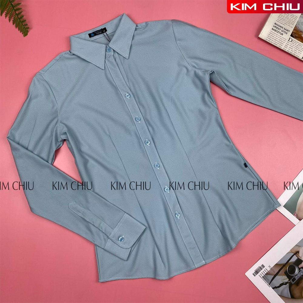 Áo Sơ Mi Nữ Công Cở Mai An Cao Cấp, Kẻ Caro Màu Xanh Đậm Tay Dài Vải Kate Ý Đẹp Ít Nhăn Giãn Nhẹ. SMTD09