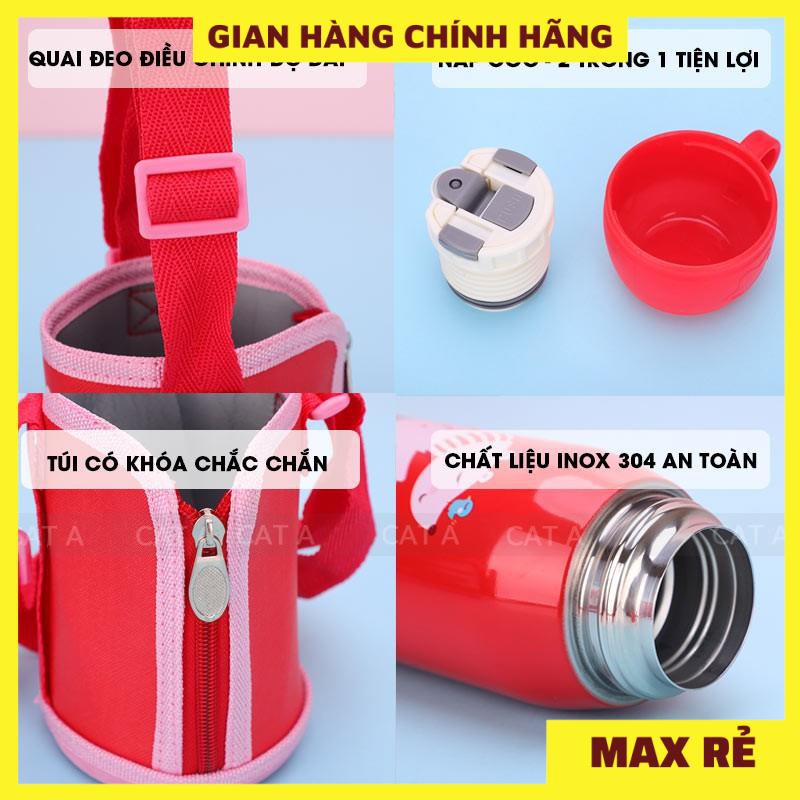 BÌNH NƯỚC GIỮ NHIỆT TRẺ EM LÕI INOX304 - Có túi vải, ống hút đi kèm - In hình thú ngộ nghĩnh, 3 nắp đa năng [ 550ML]