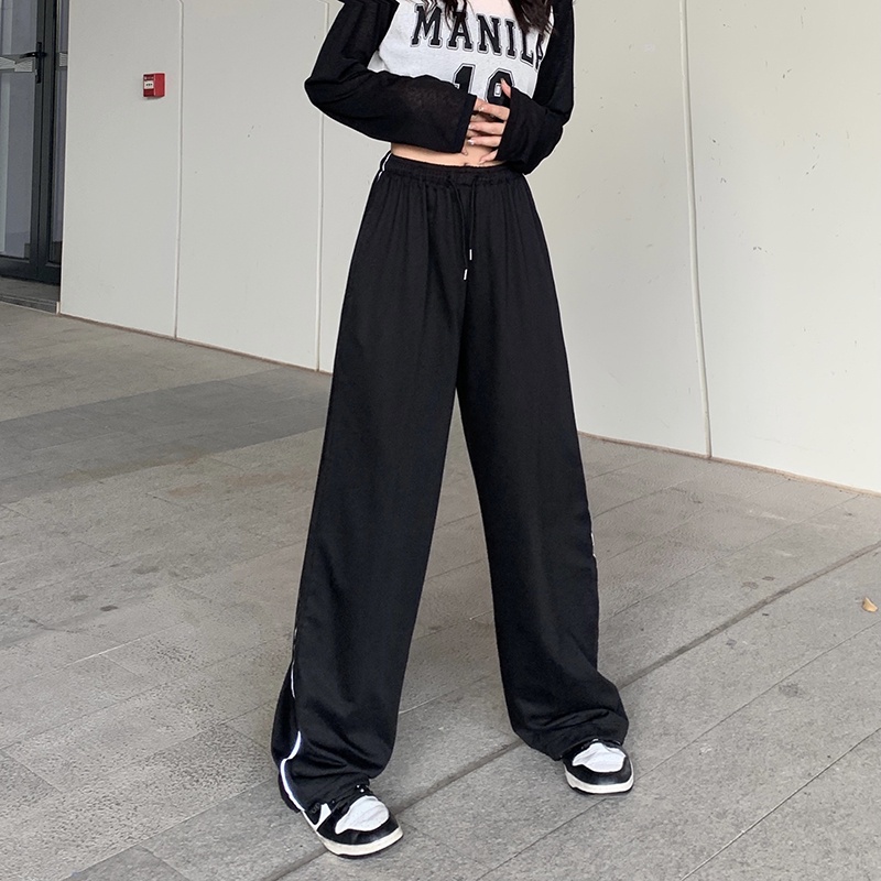 SUXI Quần ống rộng Dáng Suông Dây Rút Màu Đen Cá Tính Thời Trang Cho Nữ