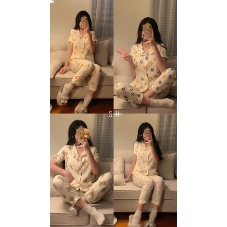 [SẴN HÀNG/ẢNH THẬT] Bộ đũi xốp xô đũi pijama tay ngắn quần dài mặc nhà cực cute