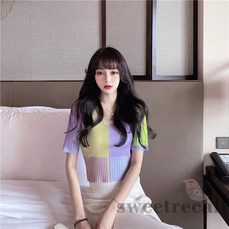 Áo Dệt Kim Tay Ngắn Cổ Tròn Màu Sắc Đa Dạng Cho Nữ