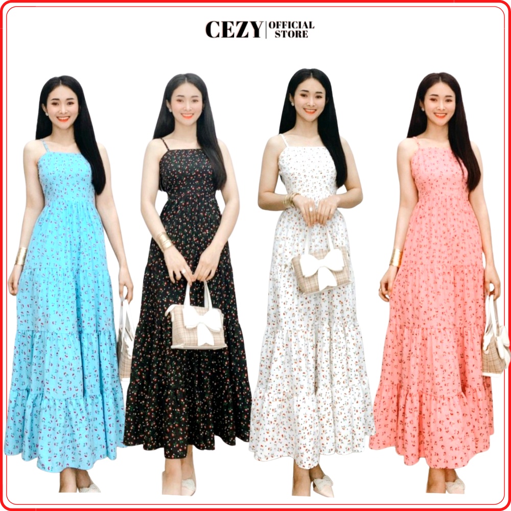 Đầm hoa maxi 2 dây đi biển đẹp dáng xòe dài có dây thắt eo có size bigsize Cezy D34
