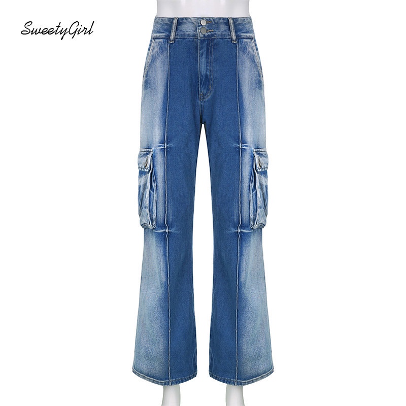 Quần Jeans Denim Lưng Thấp Dáng Rộng Phối Túi Phong Cách Retro Thời Trang 2022 Dành Cho Nữ
