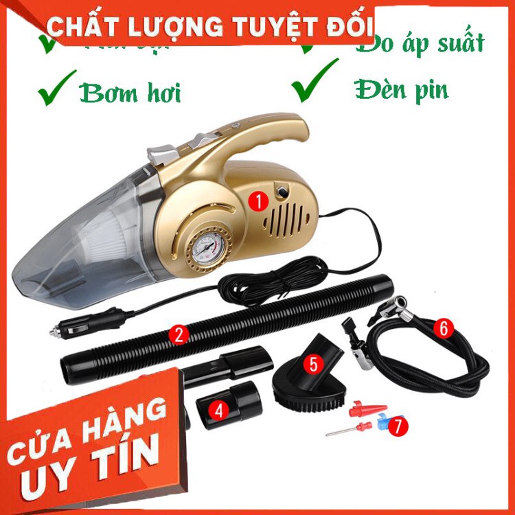 1 Máy Hút Bụi Ô Tô, Xe Hơi Cầm Tay 4 Trong 1 Kiêm Bơm Hơi, Đèn Pin, Đo Áp Xuất Công Suất Lớn 120W HB88 .