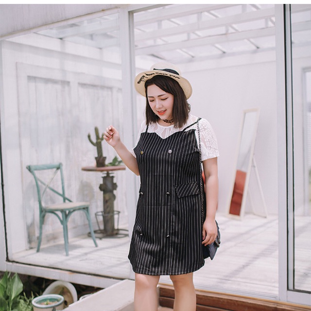 Đầm suông big size màu đen phối ren kẻ sọc đính nút size ngoại cỡ 75-90kg