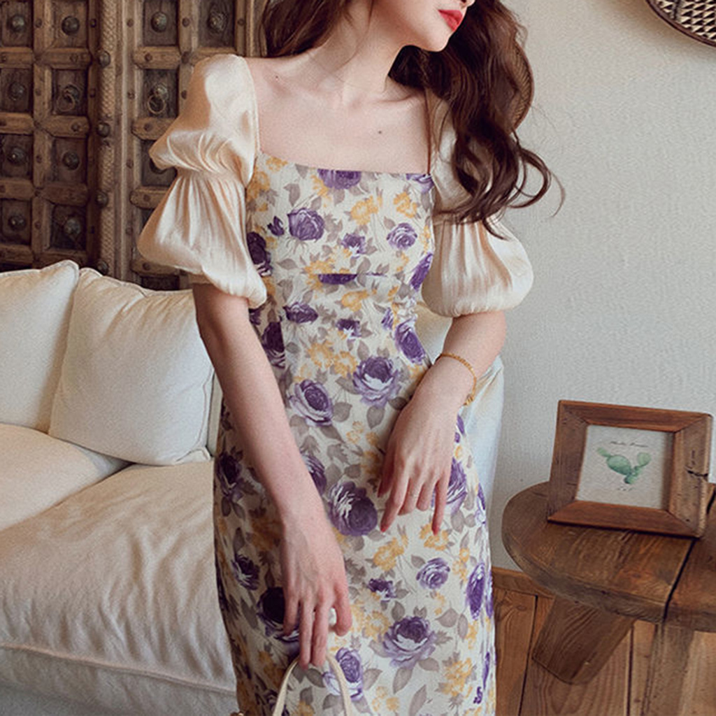SBaby_ Lady Maxi Dress Square Neck Puff Sleeve Polyester Floral Printed Streetwear for Daily Wear