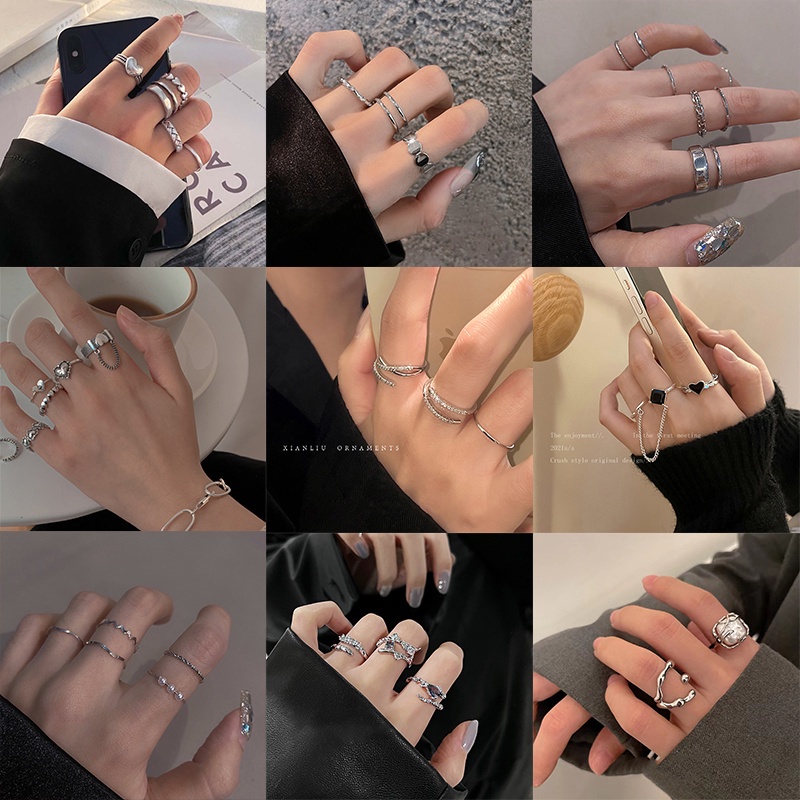 Bộ nhẫn YEEZII bạc mặt trái tim/ bướm/ mặt cười đính ngọc trai thời trang cho nữ