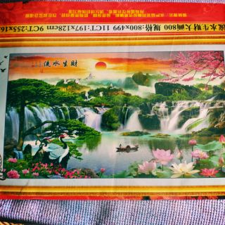 Tranh thêu chữ thập Phong cảnh lưu thủy sinh tài kt 195*128cm(hình thật)