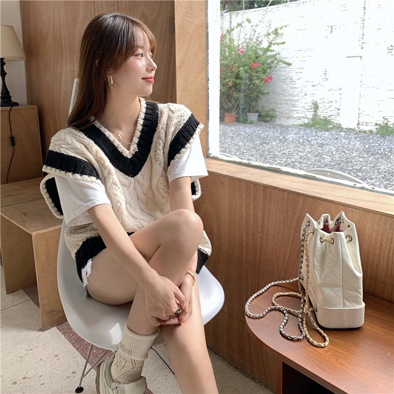 Áo dệt kim sát nách cổ chữ V dáng rộng màu sắc retro thời trang cho nữ | BigBuy360 - bigbuy360.vn