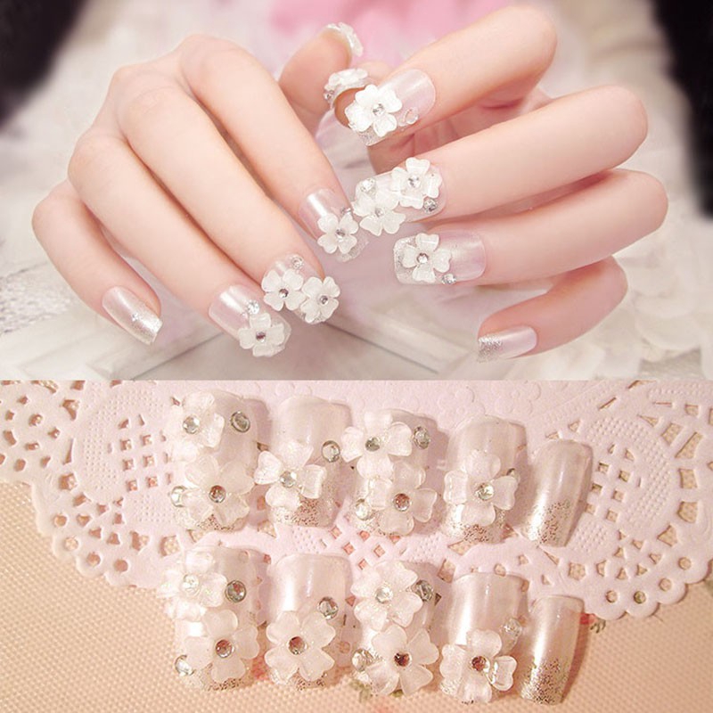 Set 24 móng giả trang trí đính hoa sang trọng cho lễ cưới