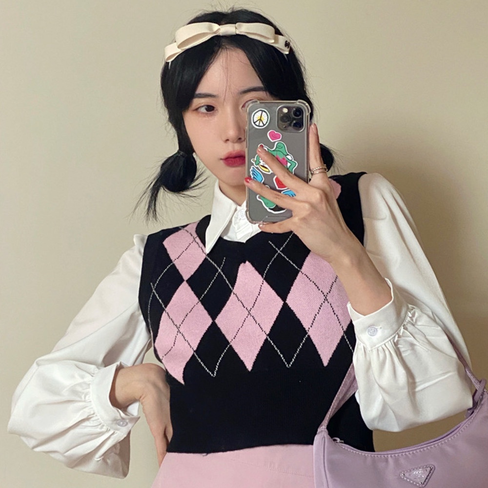 Áo len không tay cổ chữ V đính đá phong cách Hàn Quốc