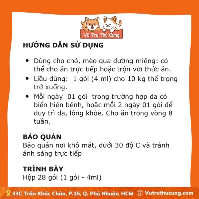 (Hộp 28 gói) Gel dinh dưỡng cho chó mèo, mượt lông và da cho thú cưng MEGADERM VIRBAC