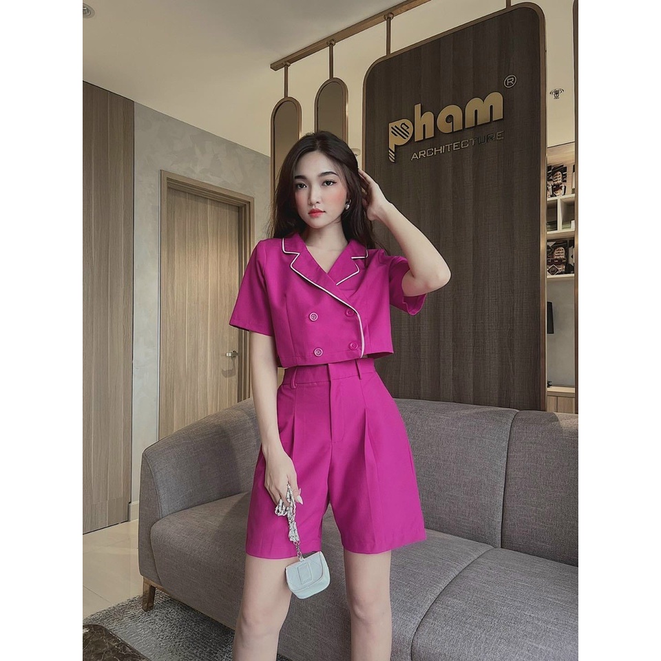 Sét bộ nữ áo vest croptop chỉ viền phối quần lửng màu sắc  trẻ trung, sang chảnh.