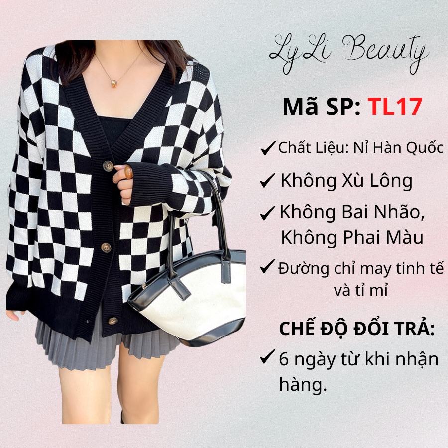 Áo khoác cardigan nữ hoạ tiết bàn cờ Lylibeauty chất áo len nỉ form rộng - dáng dài chất nỉ dày dặn giữ form TL17