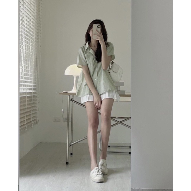 [Ảnh thật/Sẵn]Áo Sơmi kẻ chất xốp XẺ LƯNG cộc tay