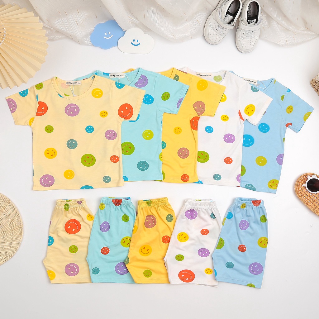Bộ Cộc Tay Cho Bé Trai Bé Gái Minky Mom Vải Thun Lạnh Họa Tiết Mặt Cười, Bộ Quần Áo Cho Bé Mặc Nhà BC BA03