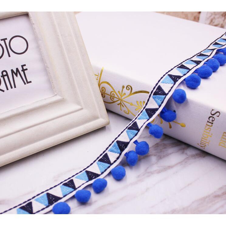 Dải ruy băng thêu hoạ tiết phối tua rua hạt pom pom nhiều màu sắc