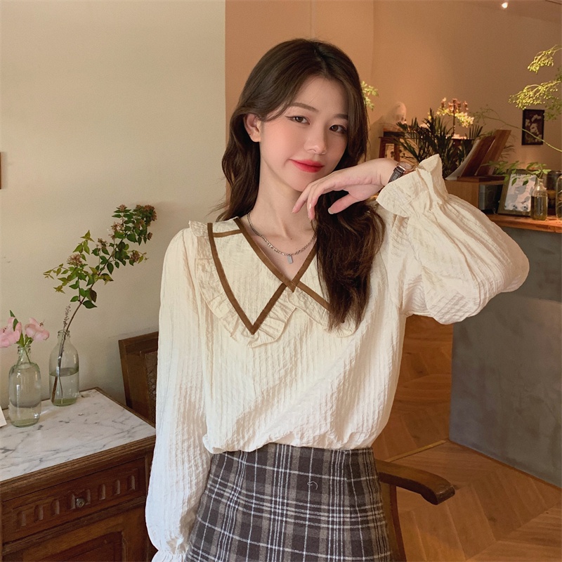 Áo kiểu IELGY tay dài dáng rộng màu sắc tương phản phong cách ngọt ngào dành cho nữ