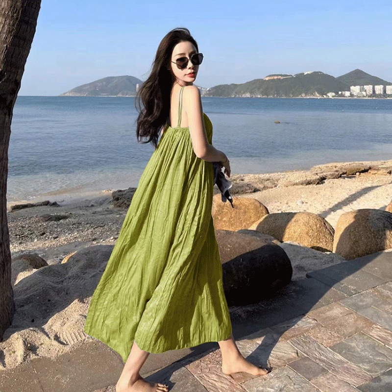 Váy 2 dây đi biển LUHAZO maxi dáng dài hở lưng nữ đẹp xanh dáng dài rộng bigsize  kiểu Hàn Quốc Babydoll 5007 DK1T