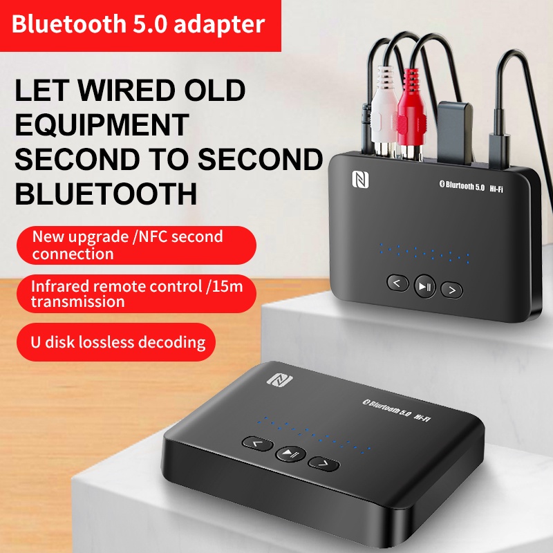 Bộ Thu Tín Hiệu Bluetooth 5.0 NFC 3.5mm AUX Không Dây Dài 15m + Điều Khiển Từ Xa Cho Loa Xe Hơi