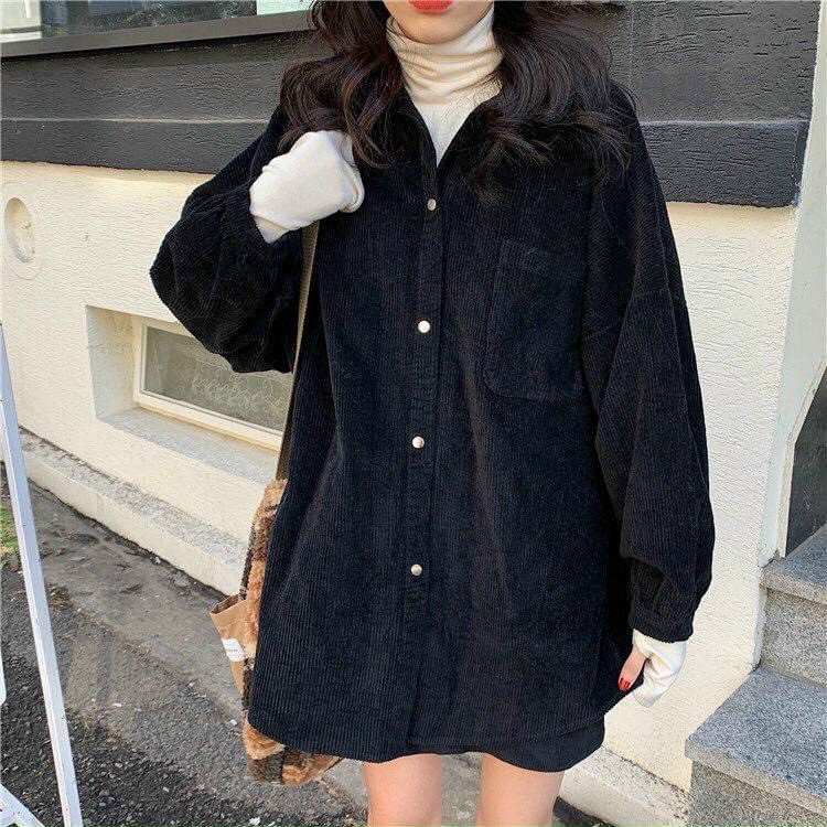 Áo Sơ Mi Nhung Gân Tăm Phong Cách Retro Hàn Quốc Form Rộng Unisex Nam Nữ Ulzzang