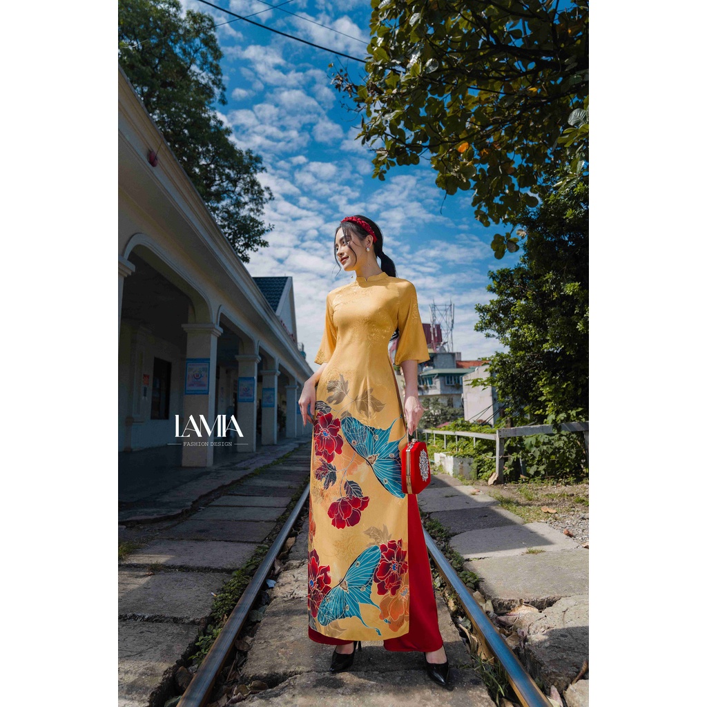 SET ÁO DÀI LỤA GẤM VÀNG IN HỌA TIẾT LAMIA DESIGN AD049