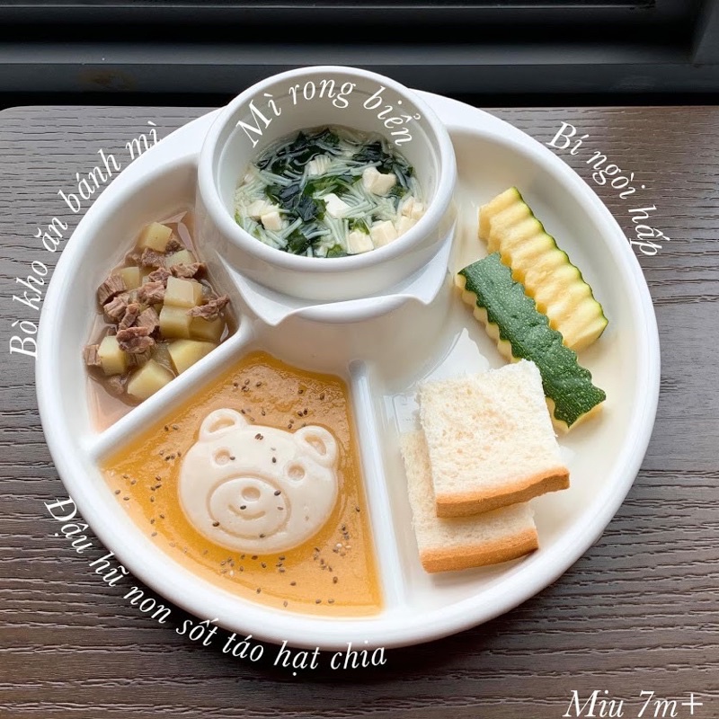 Khay ăn dặm BLW ăn dặm kiểu nhật tròn 3 ngăn có khay để cốc , thìa nĩa cho bé