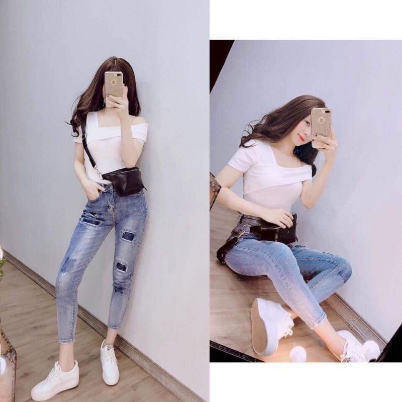 Áo thun gân nữ tay ngắn kiểu lệch vai  hot trend