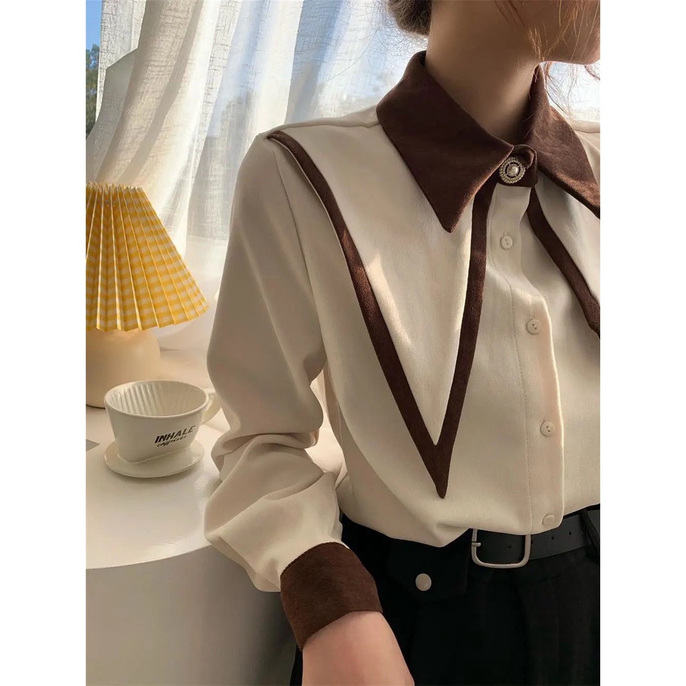 Áo Sơ Mi Mỏng Tay Dài Cổ Bẻ Ghép Nối Màu Sắc Phong Cách Hàn Quốc Thời Trang Cho Nữ
