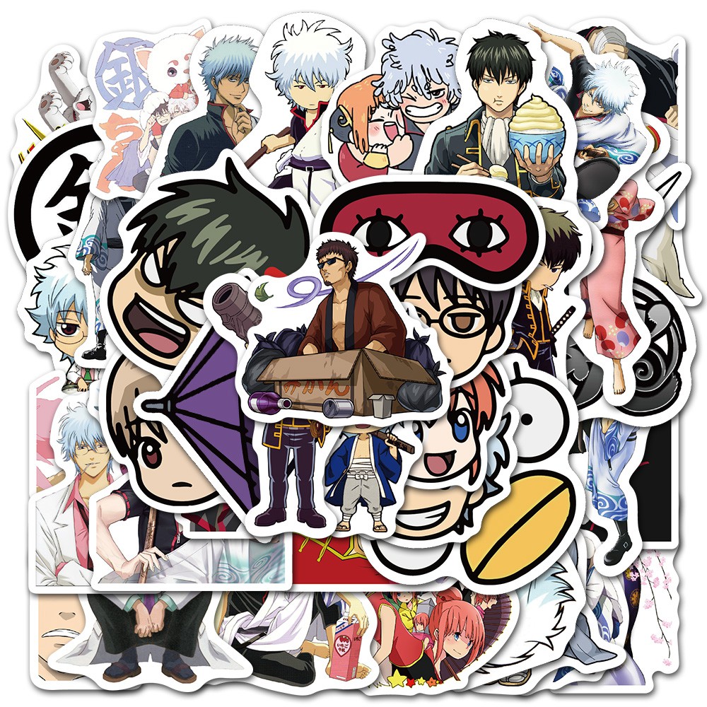 Set 50 sticker chống thấm nước họa tiết hình hoạt hình Gintama dễ thương