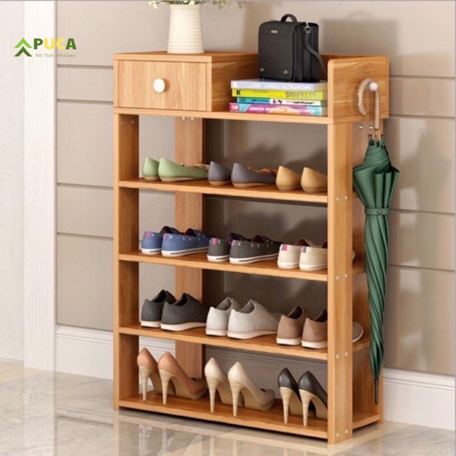 [𝗛𝗮̀𝗻𝗴 𝗰𝗮𝗼 𝗰𝗮̂́𝗽] Kệ gỗ để giày 5 tầng , Tủ giày thông minh PUCA có ngăn kéo, 83 x  24 x 60 cm (dài x rộng x cao)