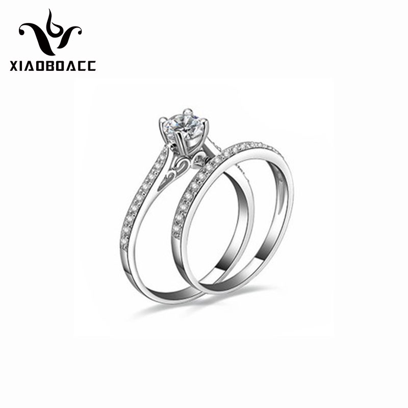 XiaoboACC Set 2 Nhẫn Bằng Bạc Khảm Đá Zircon Cho Cặp Đôi