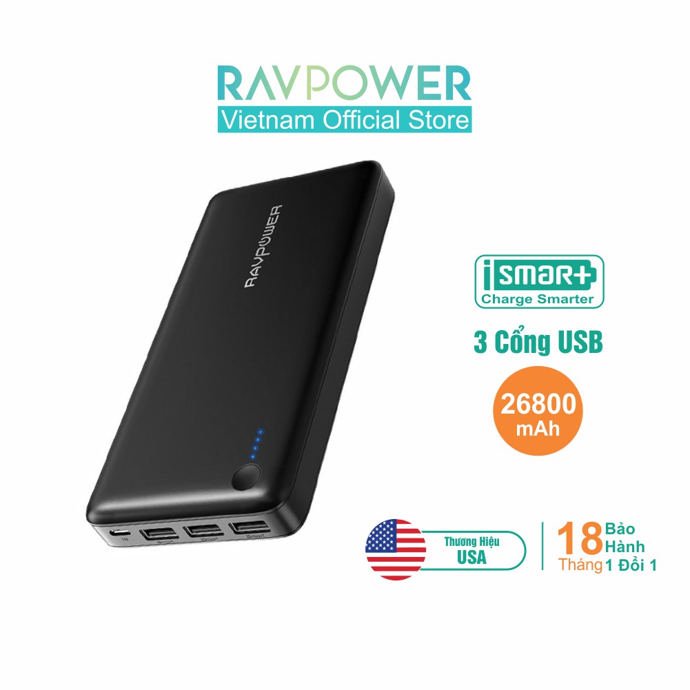 Pin Sạc Dự Phòng RAVPower RP-PB41 26800mAh 27W, iSmart 2.0 - Hàng Chính Hãng