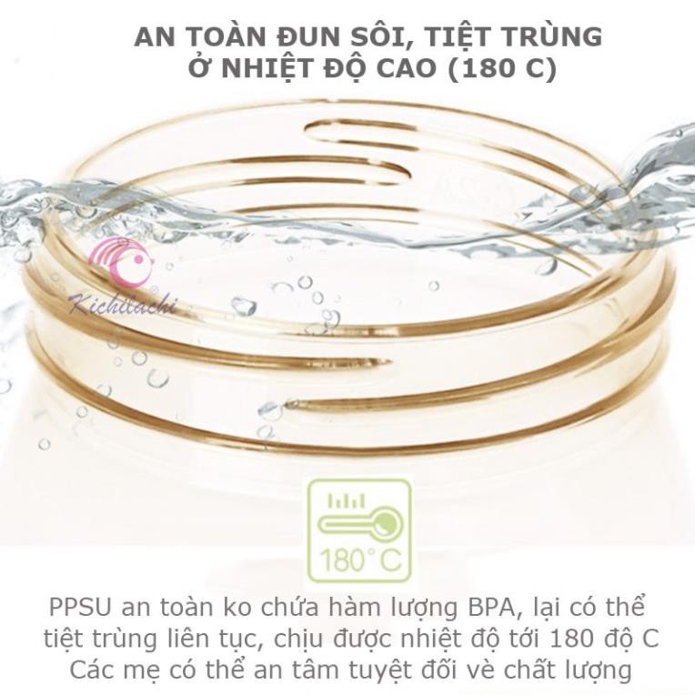 Bình Sữa Kichilachi Cổ Hẹp Quai Cầm  PPSU Núm Vú Silicone Siêu Mềm, Chống Sặc Và Chống Đầy Hơi Cho Bé 140ml/200ML
