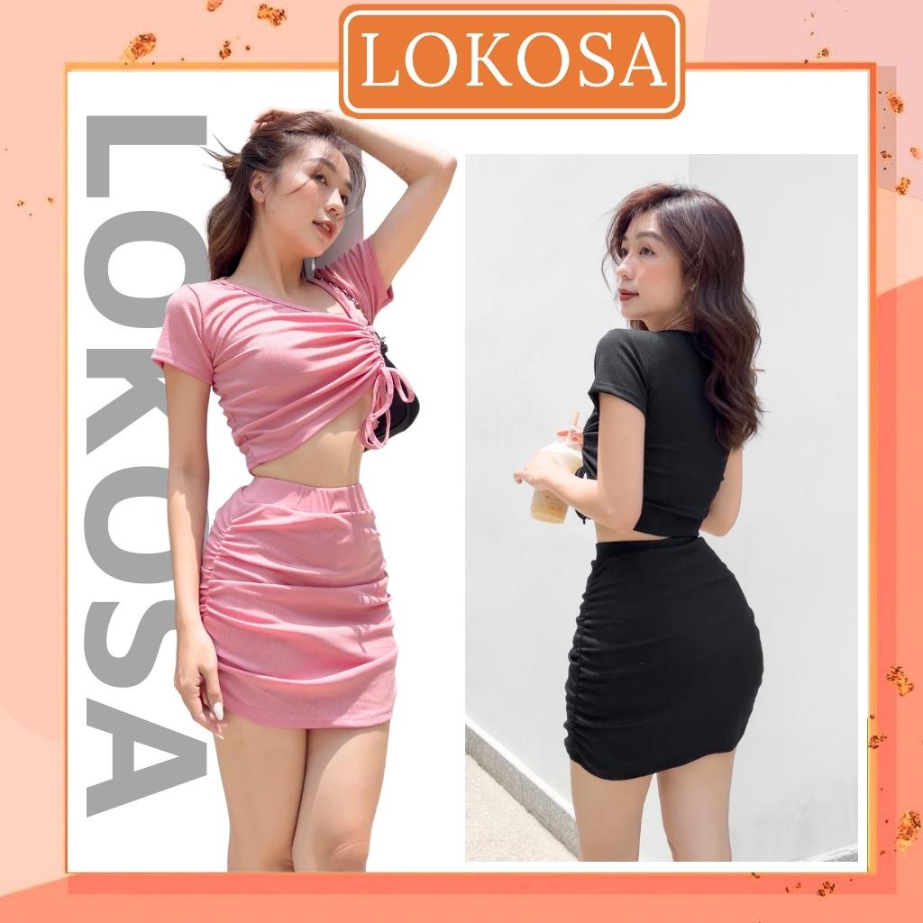 Set Croptop LOKOSA Bộ 2 Món Áo Croptop Nữ Tay Ngắn Rút Dây Chân Váy Chữ A Nhún Ôm Ngắn Body VD084 | BigBuy360 - bigbuy360.vn
