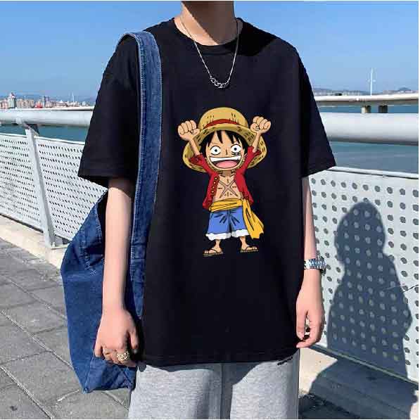 Áo thun One Piece Luffy tay lỡ form suông rộng chất liệu thun cotton mềm mại