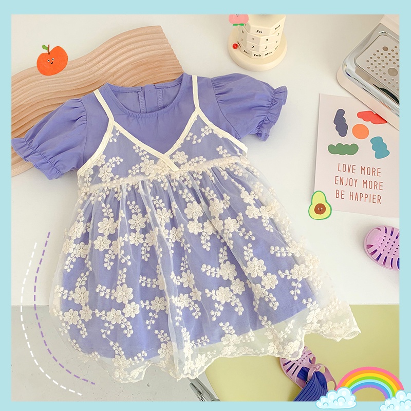 Đầm Tay Ngắn Phối Ren Màu Tím + 1 Đầm Trắng Thời Trang Mùa Hè Xinh Xắn Cho Bé Gái