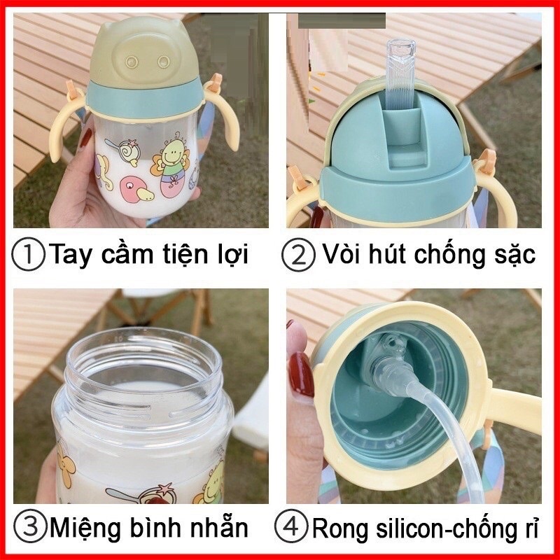 Bình Tập Uống Nước Cho Bé Có Dây Đeo 280ml Hình Con Lợn