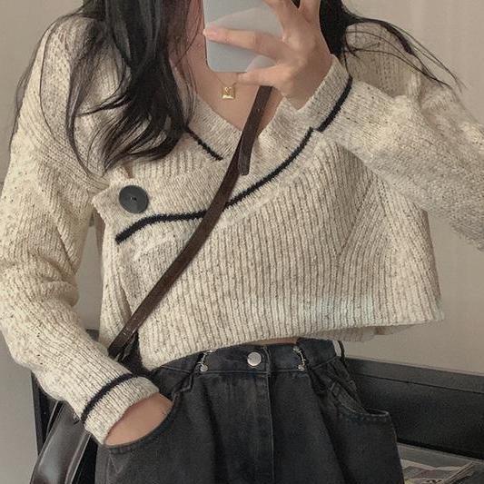 Áo Cardigan Dệt Kim Tay Dài Cổ Chữ V Dáng Rộng Và Ngắn Phong Cách Mới Dành Cho Bạn Nữ