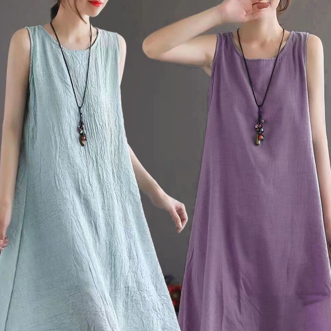 Đầm Dài Không Tay Chất Liệu Cotton Lanh Dáng Rộng Thời Trang Mùa Hè Dành Cho Nữ